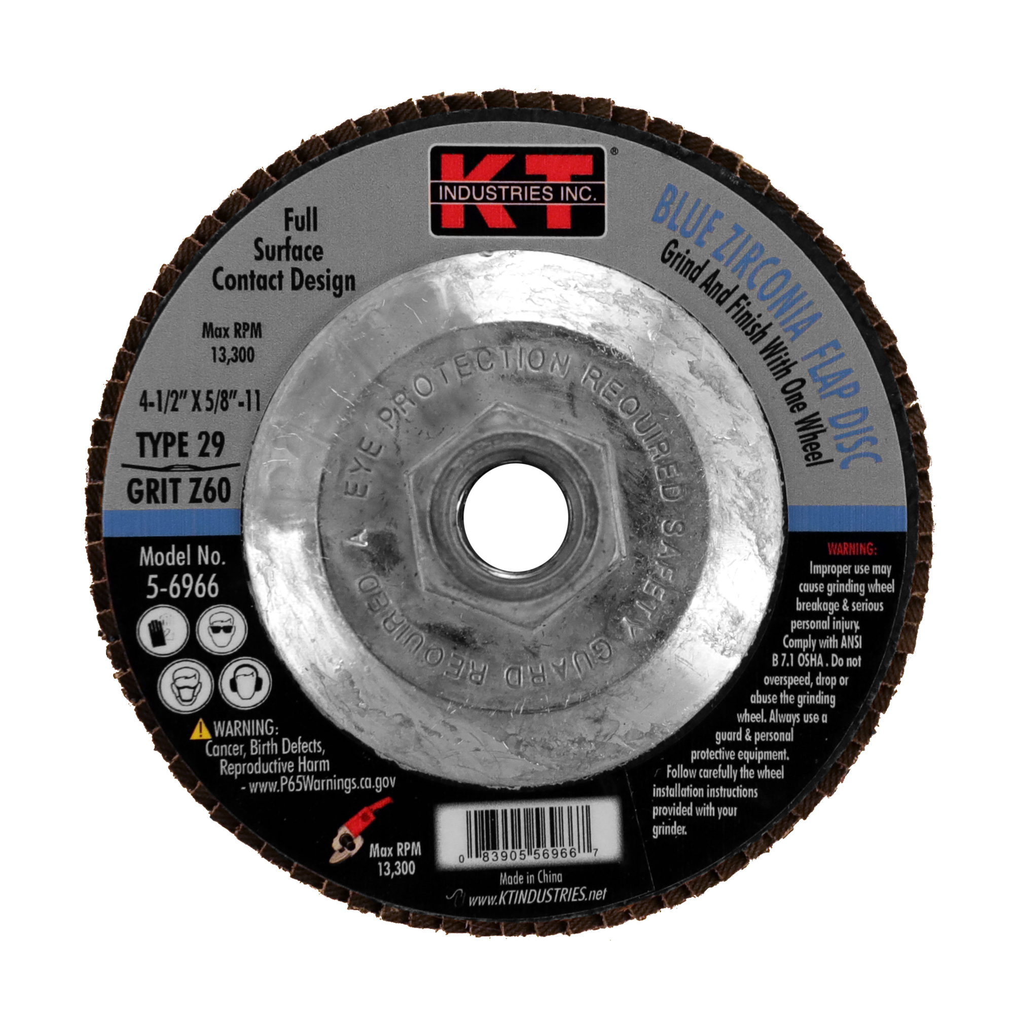 K-T Industries Blue Zirconia Flap Disc — 4.5in. x 5/8in.-11, 60 Grit, 13,000 RPM, Model# 5-6966